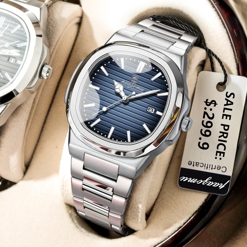 PAAZOMU Luxury Watch Business 50 ATM Waterproof Male Clock Luminous Date Stainless Steel Square Quartz Men Watches reloj hombre