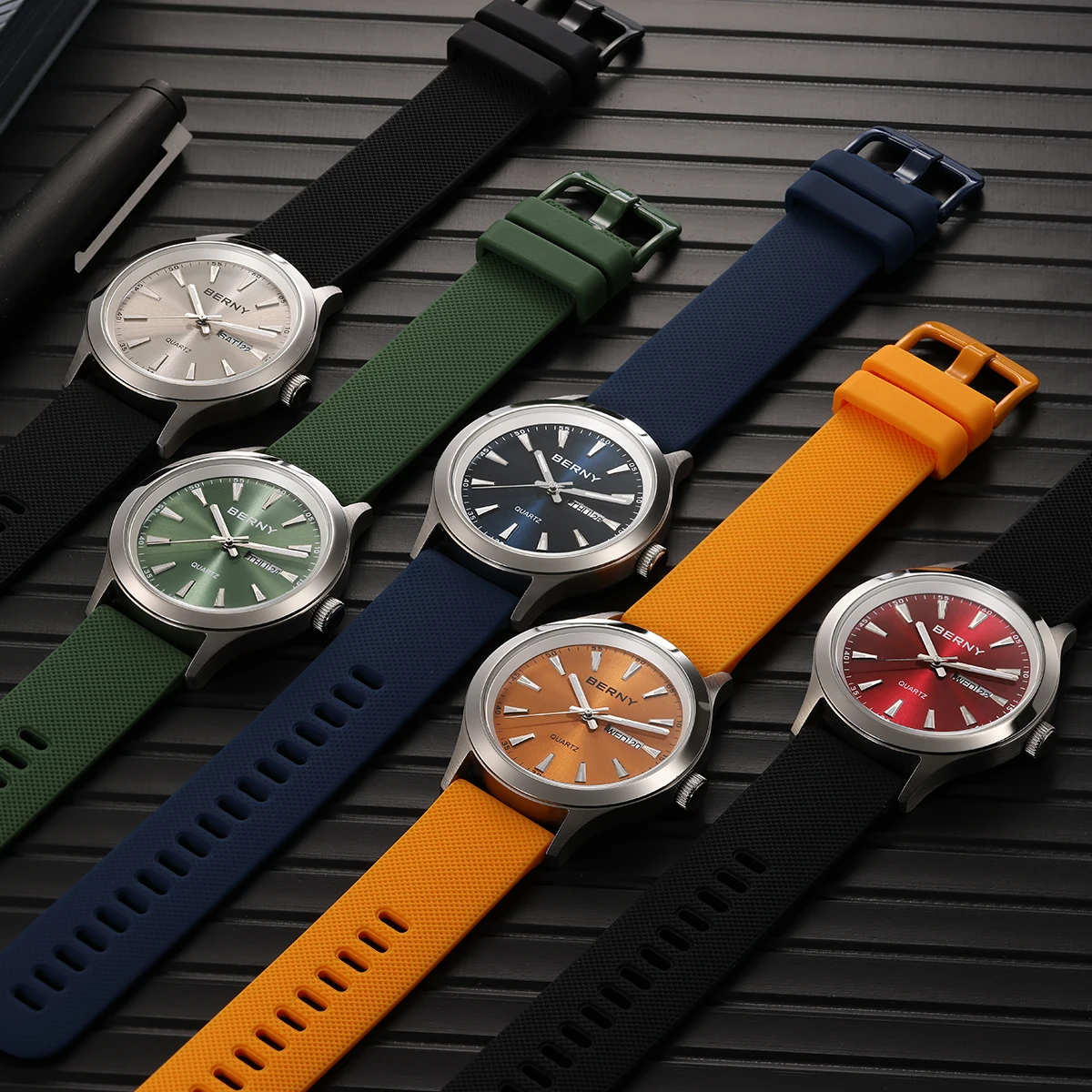 BERNY Men Watch Luminous Week Date Calendar Quartz watches for Men Stainless Steel Soft Silicone Dress Business Wristwatch - Image 2